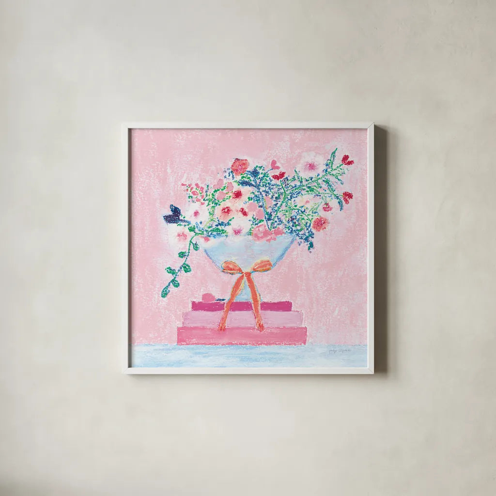 Flower Vases and Books Square Pink by Jocelyn Elizabeth. Shown in a crisp white glass frame for a clean and minimalist style. Available as an archival giclee rolled canvas, fine art paper, or poster print. SKU 100971a.