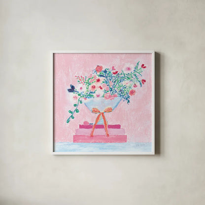 Flower Vases and Books Square Pink by Jocelyn Elizabeth. Shown in a crisp white glass frame for a clean and minimalist style. Available as an archival giclee rolled canvas, fine art paper, or poster print. SKU 100971a.