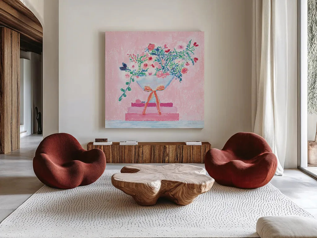 Flower Vases and Books Square Pink by Jocelyn Elizabeth. Shown as extra-large giant wall art in a modern living room. Available as an archival giclee rolled canvas, fine art paper, or poster print. SKU 100971a.