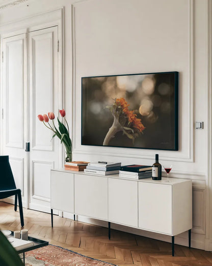 Golden Hour Sunflower by Jocelyn Elizabeth. shown as a framed stretched canvas in a living room above a console. Available as a archival giclee rolled canvas, fine art paper, or poster print. SKU 94030i.