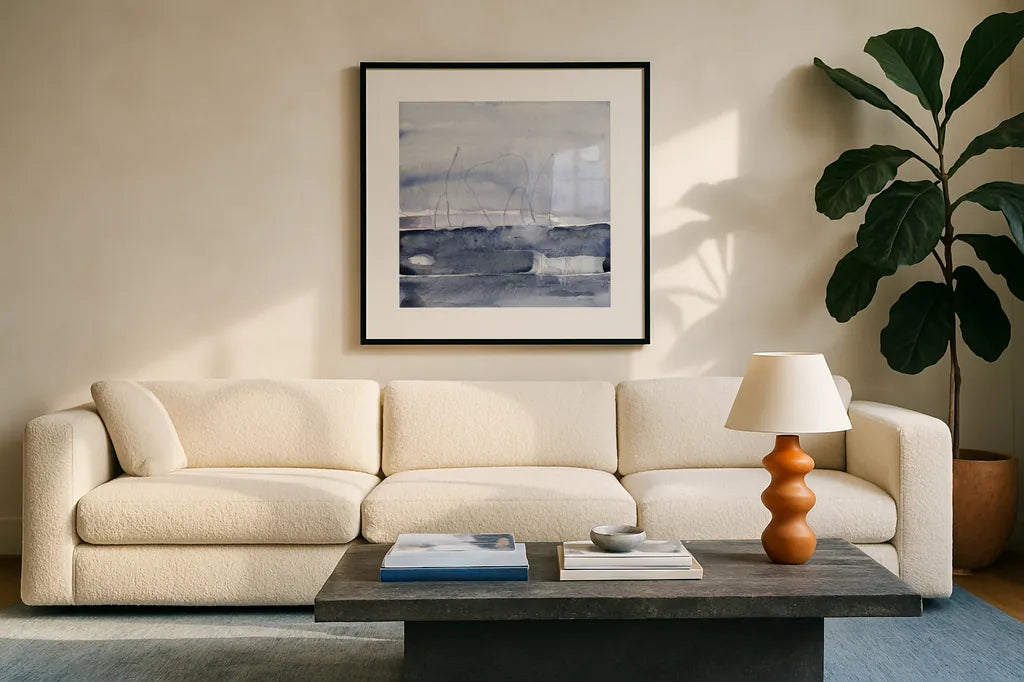 Grey Skies I by Jocelyn Elizabeth. Displayed in a glass frame with matte in a clean modern living room. Available as an archival giclee rolled canvas, fine art paper, or poster print. SKU 100330a.