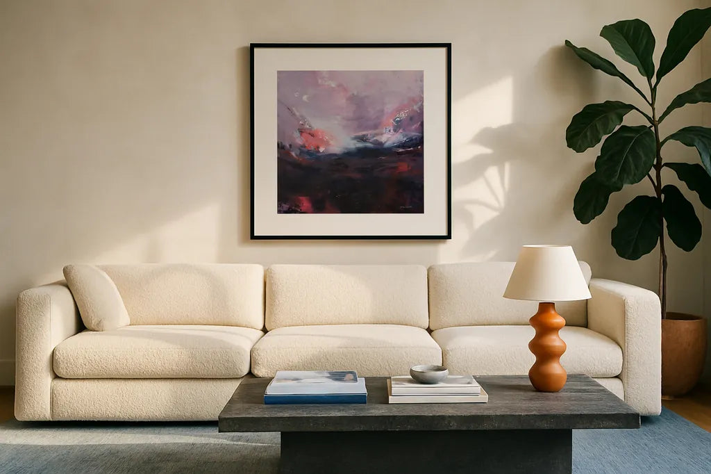 I Dont Know How to Say Goodbye by Jocelyn Elizabeth. Displayed in a glass frame with matte in a clean modern living room. Available as an archival giclee rolled canvas, fine art paper, or poster print. SKU 94096a.
