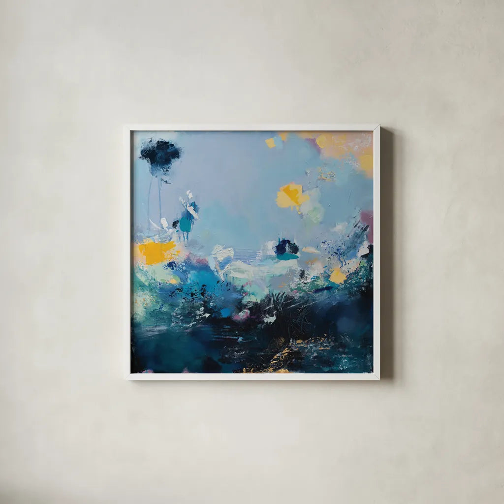 I Should Be Fine By Now by Jocelyn Elizabeth. Shown in a crisp white glass frame for a clean and minimalist style. Available as an archival giclee rolled canvas, fine art paper, or poster print. SKU 94099a.