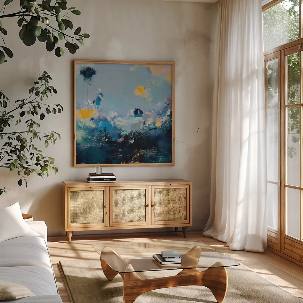 I Should Be Fine By Now by Jocelyn Elizabeth. Shown in a natural wood frame in a cozy modern living room. Available as an archival giclee rolled canvas, fine art paper, or poster print. SKU 94099a.