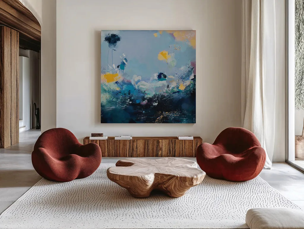 I Should Be Fine By Now by Jocelyn Elizabeth. Shown as extra-large giant wall art in a modern living room. Available as an archival giclee rolled canvas, fine art paper, or poster print. SKU 94099a.