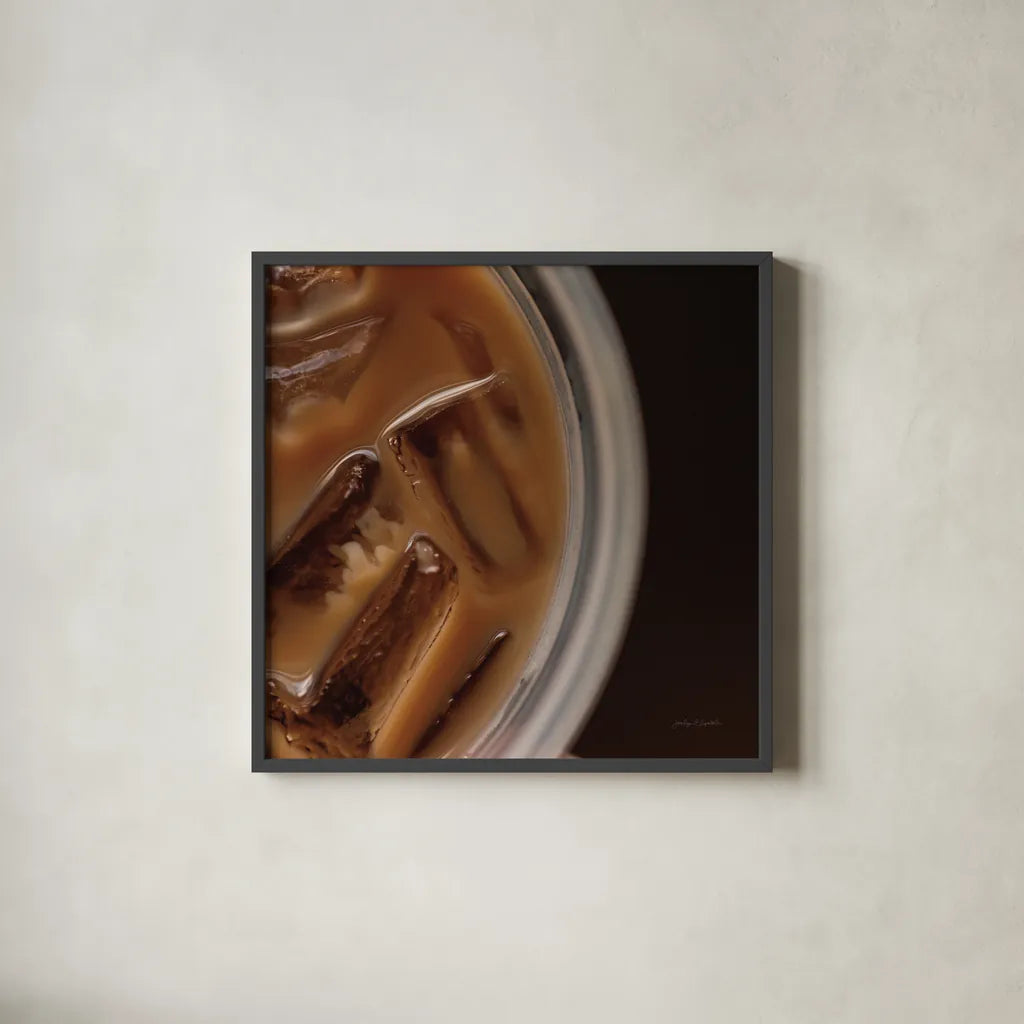 Iced Coffee by Jocelyn Elizabeth. Shown in a sleek black glass frame for a contemporary gallery look. Available as an archival giclee rolled canvas, fine art paper, or poster print. SKU 94036a.