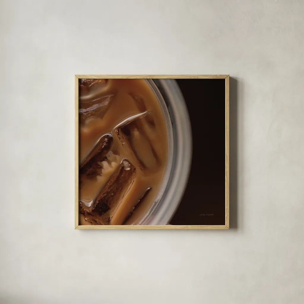 Iced Coffee by Jocelyn Elizabeth. Shown in a natural wood glass frame for a timeless modern aesthetic. Available as an archival giclee rolled canvas, fine art paper, or poster print. SKU 94036a.
