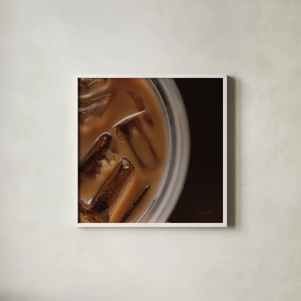 Iced Coffee by Jocelyn Elizabeth. Shown in a crisp white glass frame for a clean and minimalist style. Available as an archival giclee rolled canvas, fine art paper, or poster print. SKU 94036a.