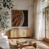 Iced Coffee by Jocelyn Elizabeth. Shown in a natural wood frame in a cozy modern living room. Available as an archival giclee rolled canvas, fine art paper, or poster print. SKU 94036a.