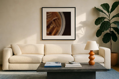 Iced Coffee by Jocelyn Elizabeth. Displayed in a glass frame with matte in a clean modern living room. Available as an archival giclee rolled canvas, fine art paper, or poster print. SKU 94036a.
