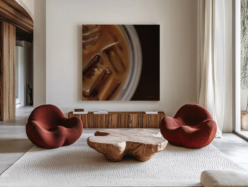 Iced Coffee by Jocelyn Elizabeth. Shown as extra-large giant wall art in a modern living room. Available as an archival giclee rolled canvas, fine art paper, or poster print. SKU 94036a.