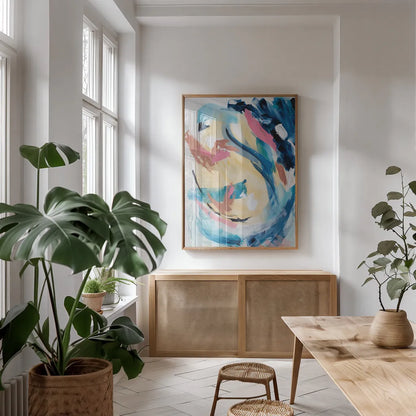 Impression by Jocelyn Elizabeth. shown as a print in a natural wood frame in a dining room. Available as a archival giclee rolled canvas, fine art paper, or poster print. SKU 100335h.