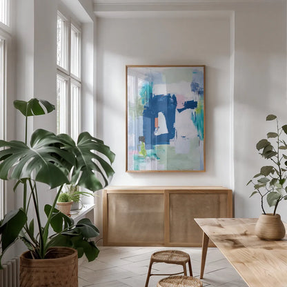 In Its Own Time II by Jocelyn Elizabeth. shown as a print in a natural wood frame in a dining room. Available as a archival giclee rolled canvas, fine art paper, or poster print. SKU 100337h.