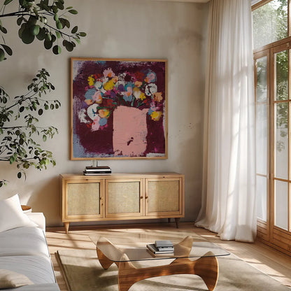 Joy by Jocelyn Elizabeth. Shown in a natural wood frame in a cozy modern living room. Available as an archival giclee rolled canvas, fine art paper, or poster print. SKU 94104a.