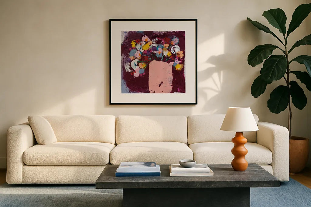 Joy by Jocelyn Elizabeth. Displayed in a glass frame with matte in a clean modern living room. Available as an archival giclee rolled canvas, fine art paper, or poster print. SKU 94104a.