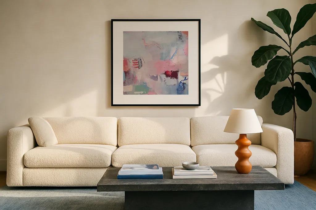 Keep It Between Us by Jocelyn Elizabeth. Displayed in a glass frame with matte in a clean modern living room. Available as an archival giclee rolled canvas, fine art paper, or poster print. SKU 94751a.