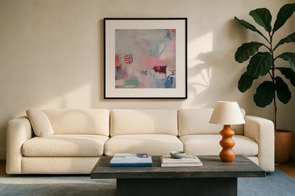 Keep It Between Us by Jocelyn Elizabeth. Displayed in a glass frame with matte in a clean modern living room. Available as an archival giclee rolled canvas, fine art paper, or poster print. SKU 94751a.