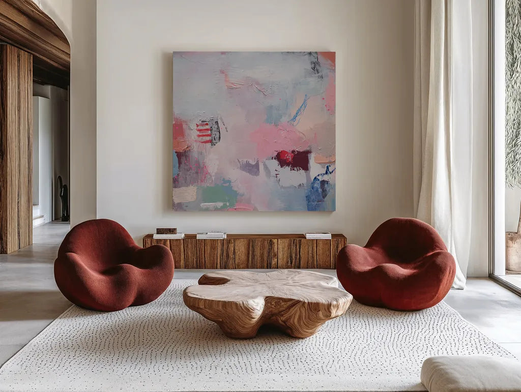 Keep It Between Us by Jocelyn Elizabeth. Shown as extra-large giant wall art in a modern living room. Available as an archival giclee rolled canvas, fine art paper, or poster print. SKU 94751a.