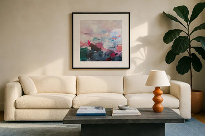 Limitless by Jocelyn Elizabeth. Displayed in a glass frame with matte in a clean modern living room. Available as an archival giclee rolled canvas, fine art paper, or poster print. SKU 101020a.