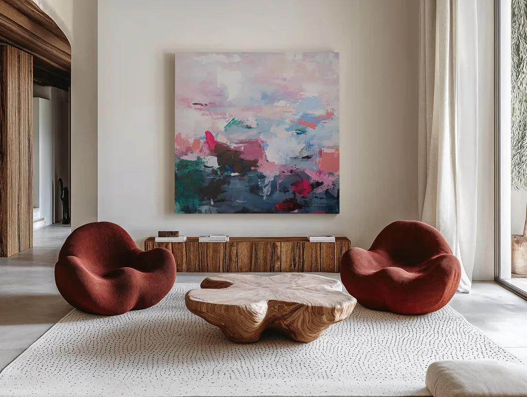 Limitless by Jocelyn Elizabeth. Shown as extra-large giant wall art in a modern living room. Available as an archival giclee rolled canvas, fine art paper, or poster print. SKU 101020a.