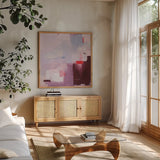 Lost in Translation by Jocelyn Elizabeth. Shown in a natural wood frame in a cozy modern living room. Available as an archival giclee rolled canvas, fine art paper, or poster print. SKU 94109a.