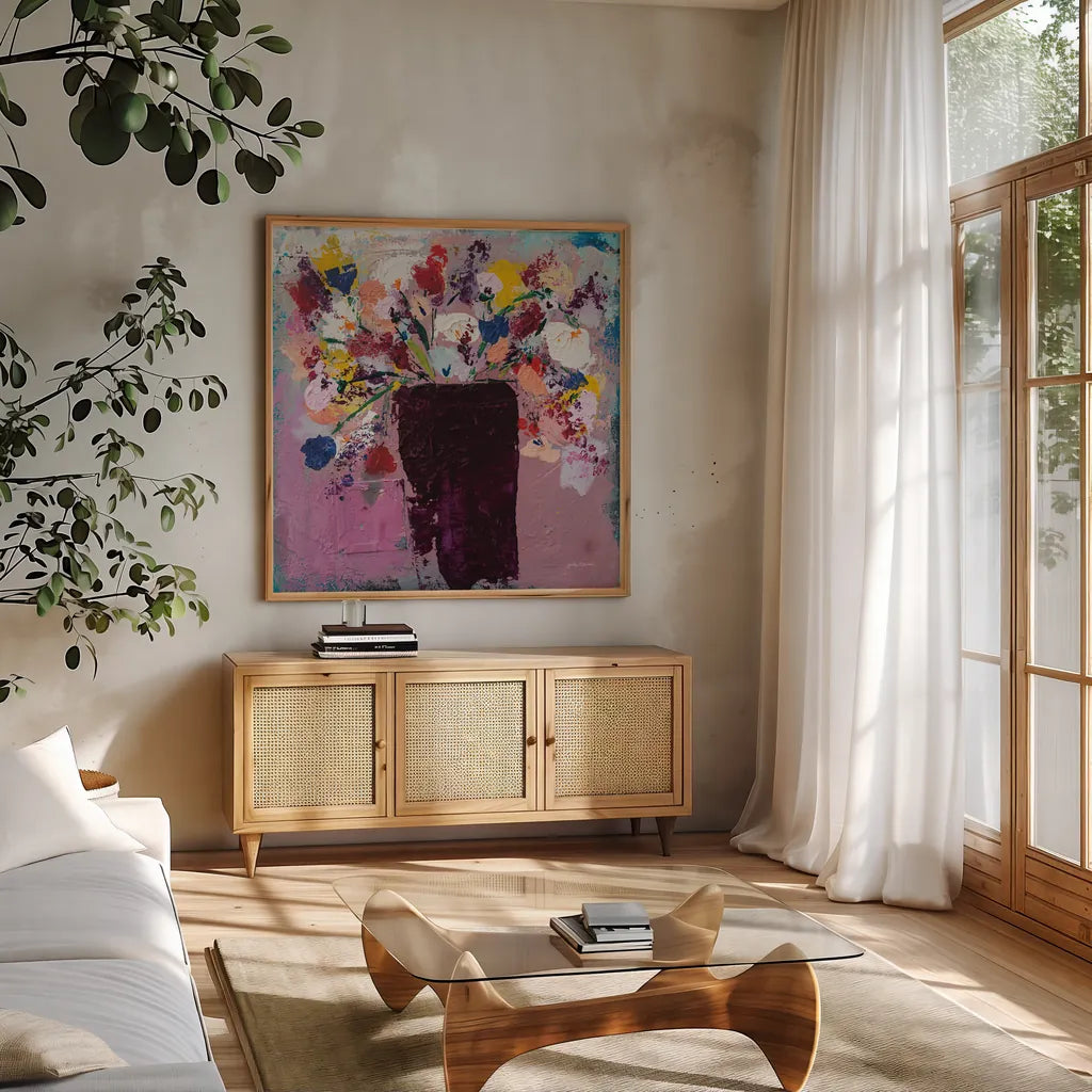 Love by Jocelyn Elizabeth. Shown in a natural wood frame in a cozy modern living room. Available as an archival giclee rolled canvas, fine art paper, or poster print. SKU 94105a.