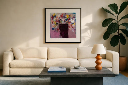 Love by Jocelyn Elizabeth. Displayed in a glass frame with matte in a clean modern living room. Available as an archival giclee rolled canvas, fine art paper, or poster print. SKU 94105a.