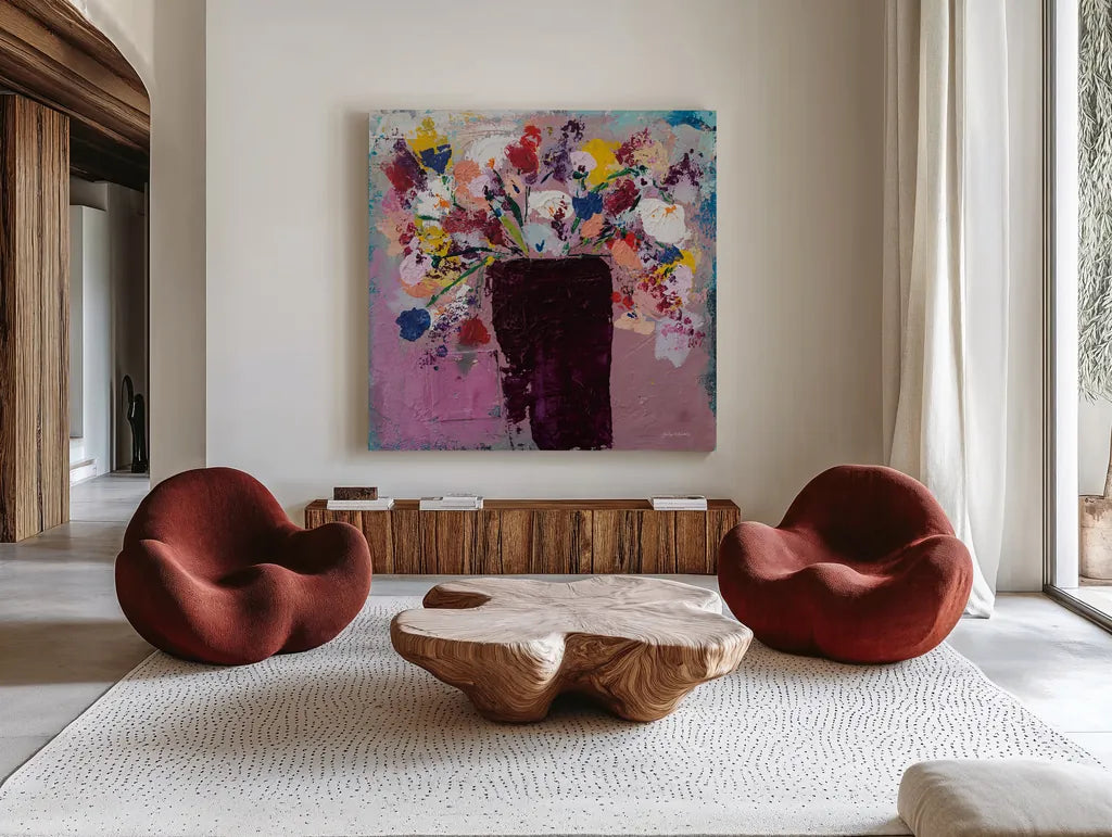 Love by Jocelyn Elizabeth. Shown as extra-large giant wall art in a modern living room. Available as an archival giclee rolled canvas, fine art paper, or poster print. SKU 94105a.