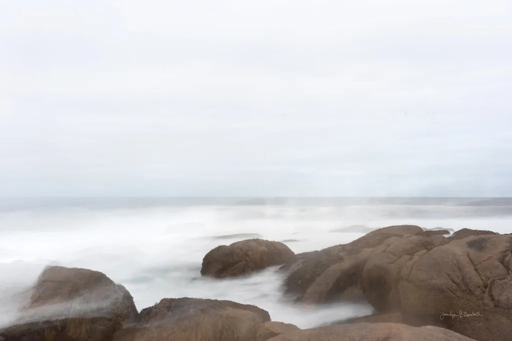 Misty Shore on the Rocks by Jocelyn Elizabeth. SKU 100324i. Archival Giclee Fine art print for wall decor.