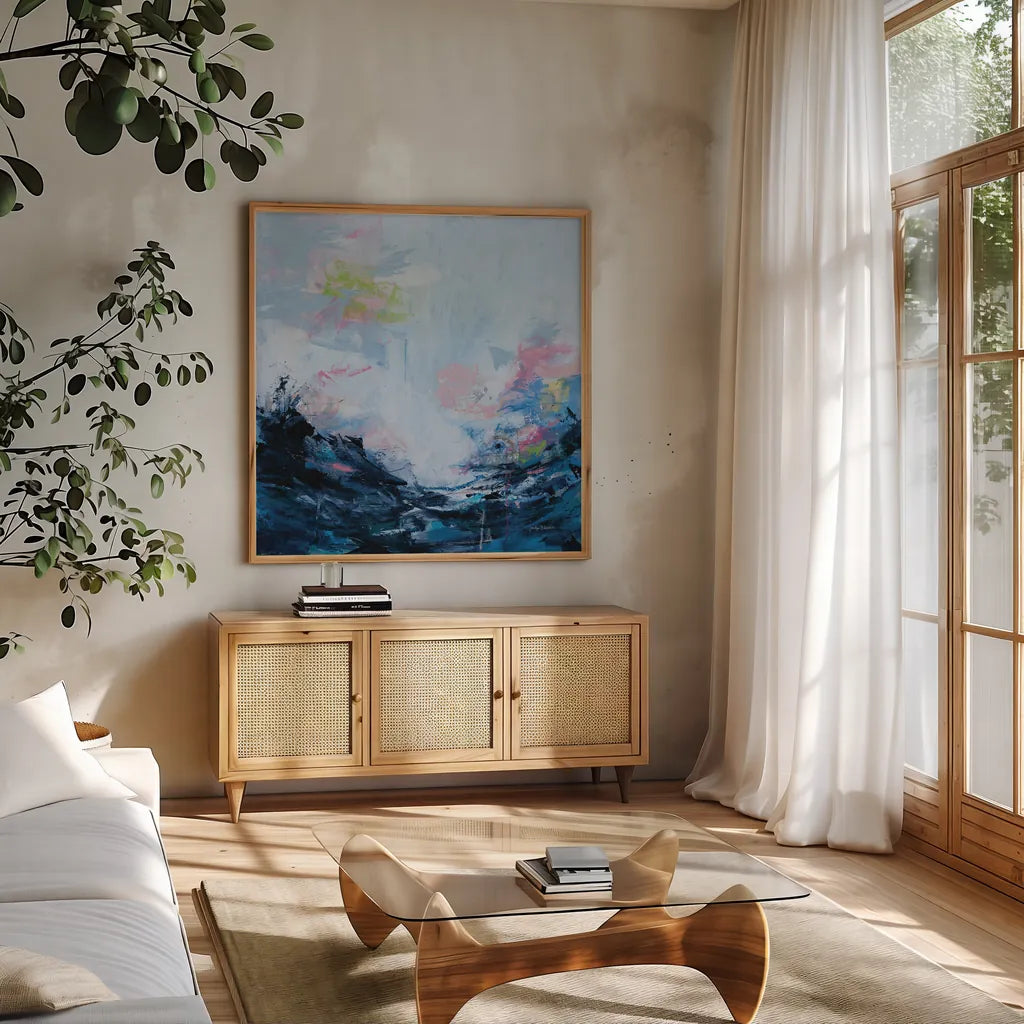My Body Moves by Jocelyn Elizabeth. Shown in a natural wood frame in a cozy modern living room. Available as an archival giclee rolled canvas, fine art paper, or poster print. SKU 101021a.