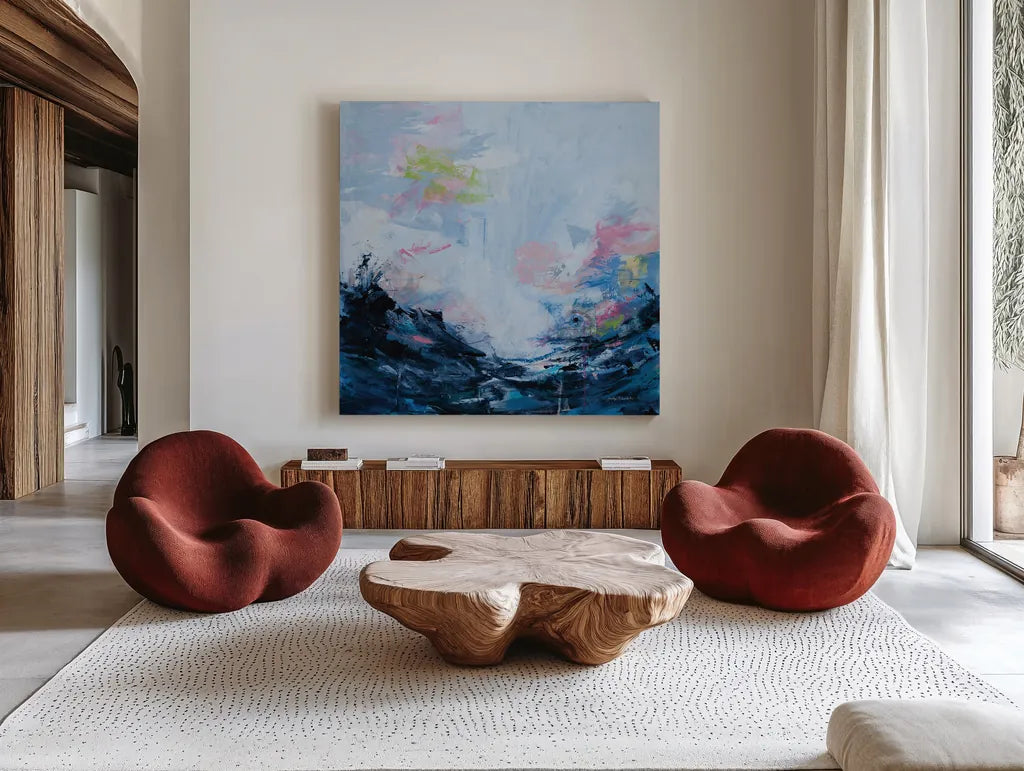 My Body Moves by Jocelyn Elizabeth. Shown as extra-large giant wall art in a modern living room. Available as an archival giclee rolled canvas, fine art paper, or poster print. SKU 101021a.