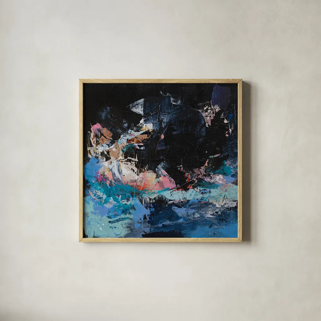 Night Swim by Jocelyn Elizabeth. Shown in a natural wood glass frame for a timeless modern aesthetic. Available as an archival giclee rolled canvas, fine art paper, or poster print. SKU 94752a.