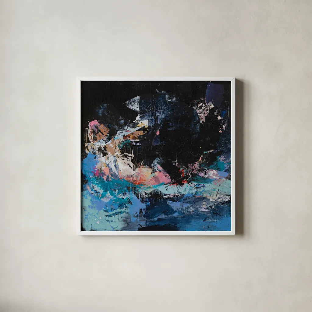 Night Swim by Jocelyn Elizabeth. Shown in a crisp white glass frame for a clean and minimalist style. Available as an archival giclee rolled canvas, fine art paper, or poster print. SKU 94752a.