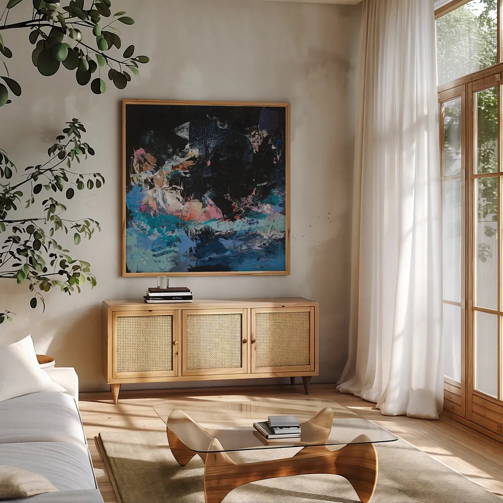 Night Swim by Jocelyn Elizabeth. Shown in a natural wood frame in a cozy modern living room. Available as an archival giclee rolled canvas, fine art paper, or poster print. SKU 94752a.