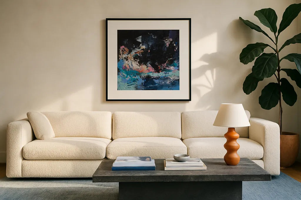 Night Swim by Jocelyn Elizabeth. Displayed in a glass frame with matte in a clean modern living room. Available as an archival giclee rolled canvas, fine art paper, or poster print. SKU 94752a.