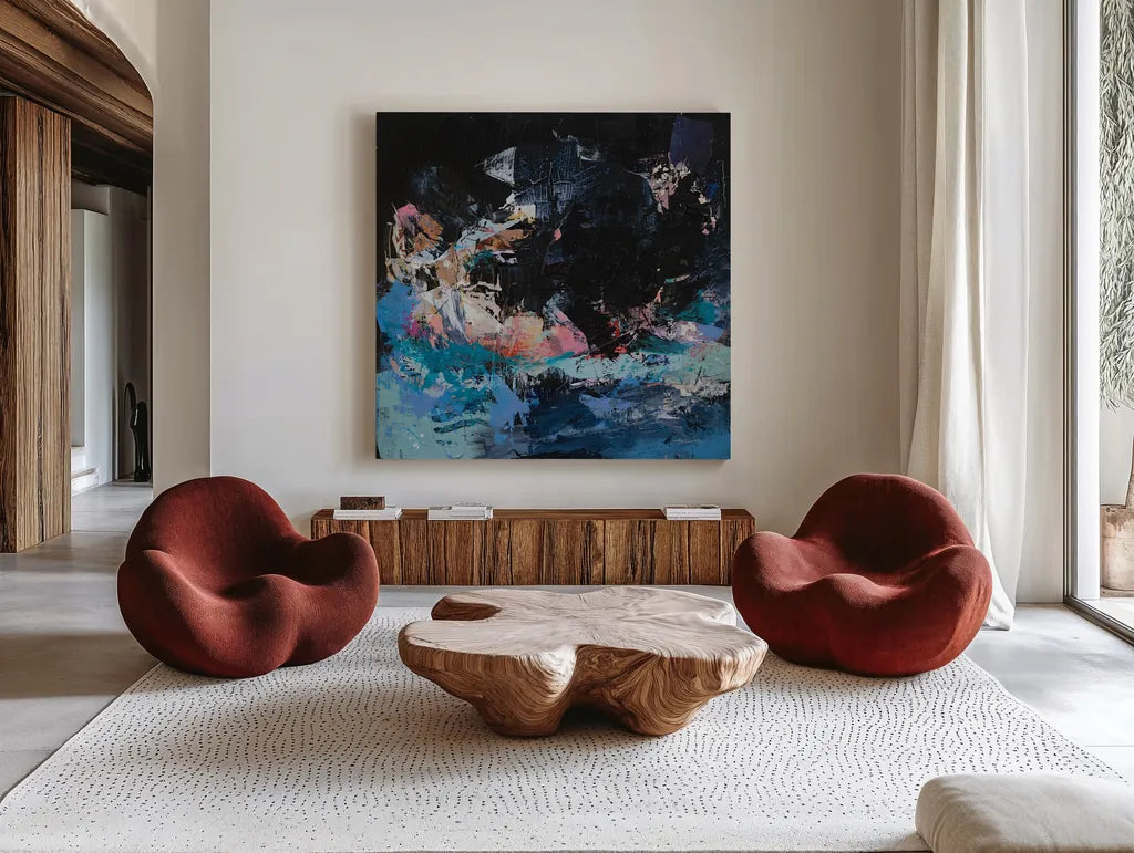 Night Swim by Jocelyn Elizabeth. Shown as extra-large giant wall art in a modern living room. Available as an archival giclee rolled canvas, fine art paper, or poster print. SKU 94752a.