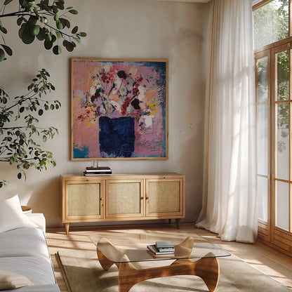 Peace by Jocelyn Elizabeth. Shown in a natural wood frame in a cozy modern living room. Available as an archival giclee rolled canvas, fine art paper, or poster print. SKU 94659a.