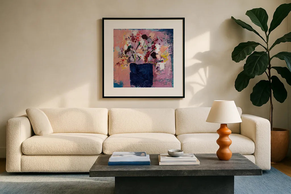 Peace by Jocelyn Elizabeth. Displayed in a glass frame with matte in a clean modern living room. Available as an archival giclee rolled canvas, fine art paper, or poster print. SKU 94659a.
