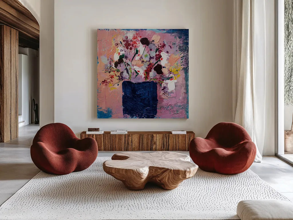 Peace by Jocelyn Elizabeth. Shown as extra-large giant wall art in a modern living room. Available as an archival giclee rolled canvas, fine art paper, or poster print. SKU 94659a.