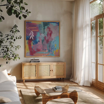 Play Board by Jocelyn Elizabeth. Shown in a natural wood frame in a cozy modern living room. Available as an archival giclee rolled canvas, fine art paper, or poster print. SKU 94115a.