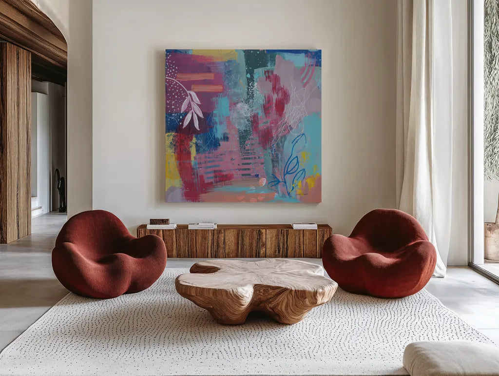 Play Board by Jocelyn Elizabeth. Shown as extra-large giant wall art in a modern living room. Available as an archival giclee rolled canvas, fine art paper, or poster print. SKU 94115a.