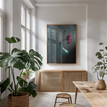 Rainy Daisy by Jocelyn Elizabeth. shown as a print in a natural wood frame in a dining room. Available as a archival giclee rolled canvas, fine art paper, or poster print. SKU 94034h.