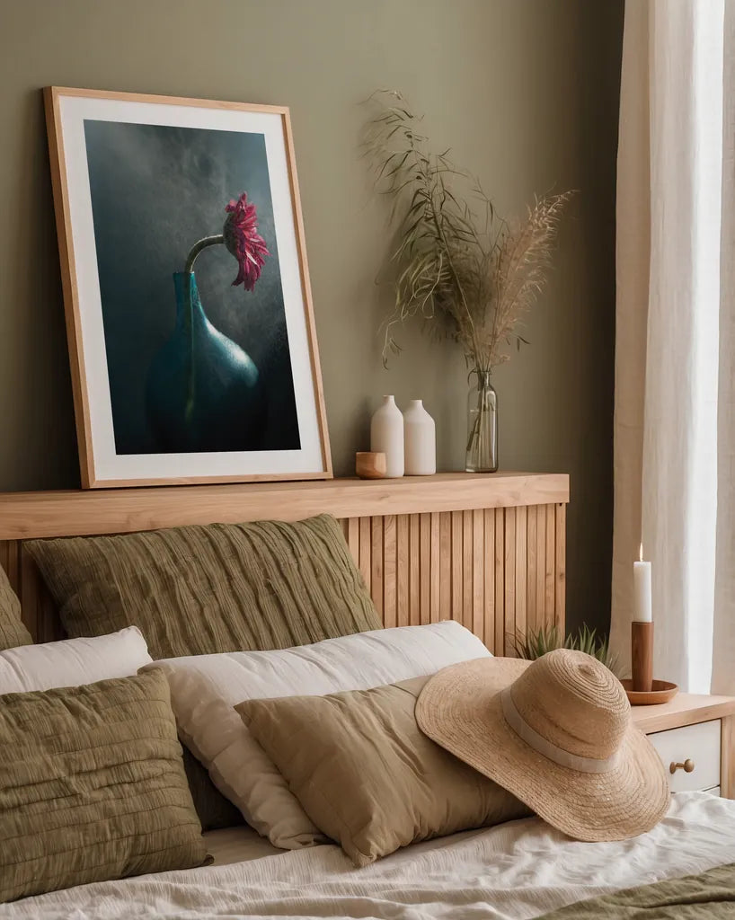 Rainy Daisy by Jocelyn Elizabeth. shown as a paper print in a natural frame. Available as a archival giclee rolled canvas, fine art paper, or poster print. SKU 94034h.