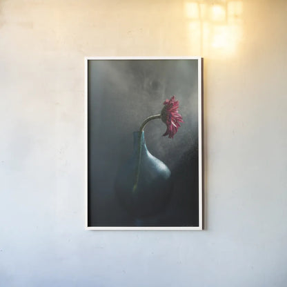 Rainy Daisy by Jocelyn Elizabeth. shown as a paper print in a white frame. Available as a archival giclee rolled canvas, fine art paper, or poster print. SKU 94034h.