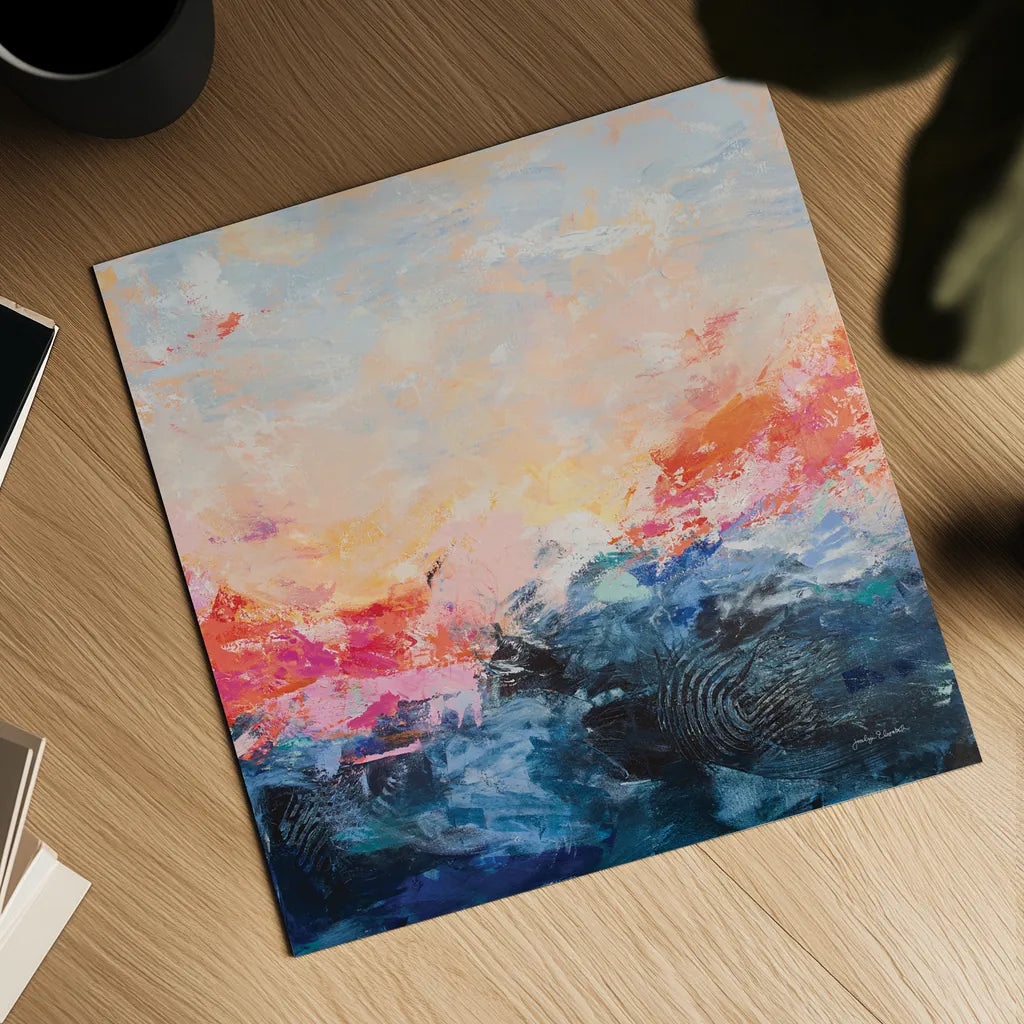 Red Sky at Morning by Jocelyn Elizabeth. Shown as a detailed flat fine art print, highlighting archival giclee quality. Available as an archival giclee rolled canvas, fine art paper, or poster print. SKU 94119a.