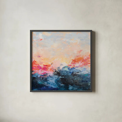 Red Sky at Morning by Jocelyn Elizabeth. Shown in a sleek black glass frame for a contemporary gallery look. Available as an archival giclee rolled canvas, fine art paper, or poster print. SKU 94119a.