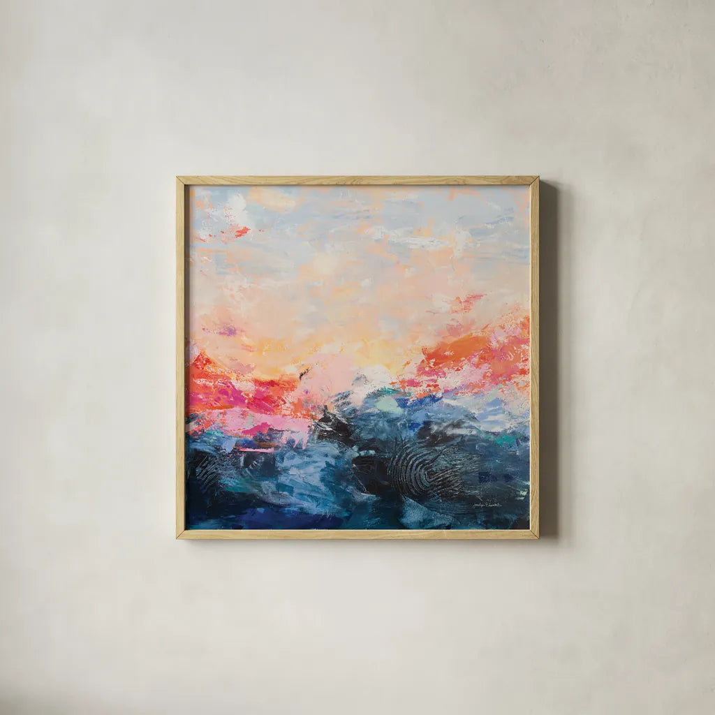 Red Sky at Morning by Jocelyn Elizabeth. Shown in a natural wood glass frame for a timeless modern aesthetic. Available as an archival giclee rolled canvas, fine art paper, or poster print. SKU 94119a.
