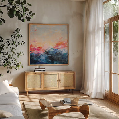 Red Sky at Morning by Jocelyn Elizabeth. Shown in a natural wood frame in a cozy modern living room. Available as an archival giclee rolled canvas, fine art paper, or poster print. SKU 94119a.