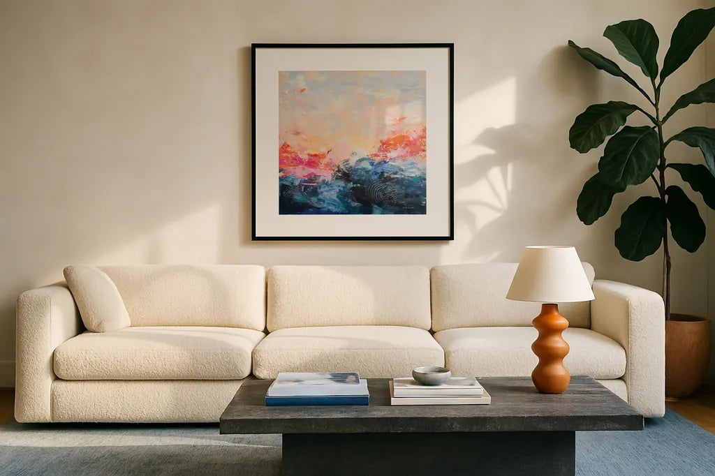 Red Sky at Morning by Jocelyn Elizabeth. Displayed in a glass frame with matte in a clean modern living room. Available as an archival giclee rolled canvas, fine art paper, or poster print. SKU 94119a.