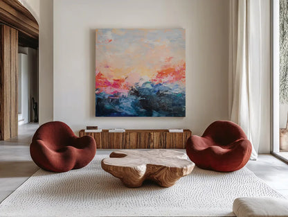 Red Sky at Morning by Jocelyn Elizabeth. Shown as extra-large giant wall art in a modern living room. Available as an archival giclee rolled canvas, fine art paper, or poster print. SKU 94119a.